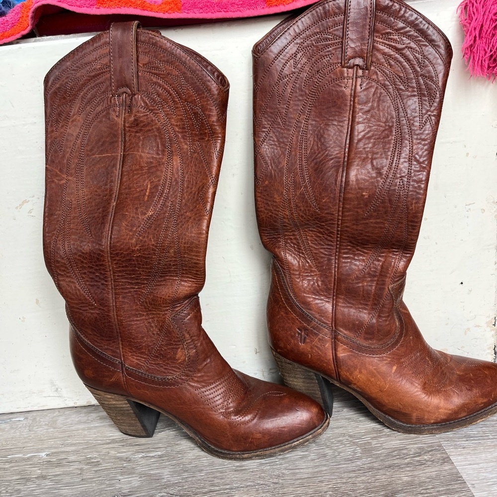 Frye Chestnut Brown Leather Western High-Heel Boots - Picture 2 of 11